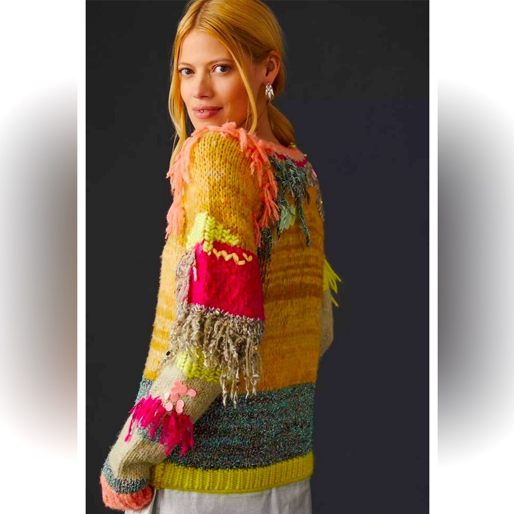 Anthropologie Fringed Statement Colorblock Sweater Sz S Crew Neck Pullover NWOT